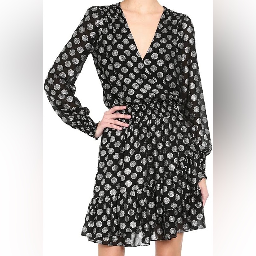 Michael Kors Metallic Dot Georgette Ruffled Wrap Dress